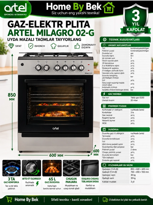 Artel Milagro 02-G V1 - kombinatsiyalangan plita
