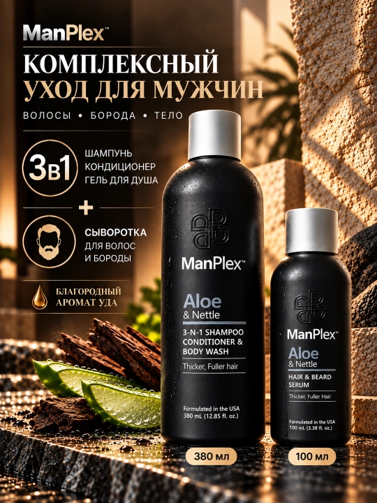 Набор ManPlex 3в1: шампунь, кондиционер, гель для душа + сыворотка для волос и бороды - 