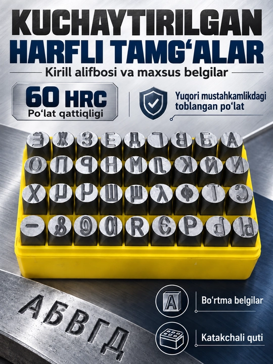 Набор усиленных ударное клейма по металлу, кириллица А–Я, 60 HRC, в кейсе