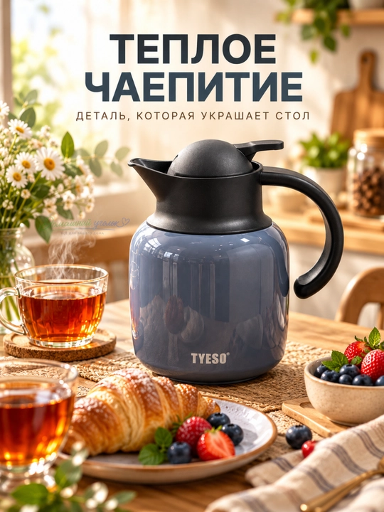 TYESO vakuumli termoko‘za, choy va qahva uchun, dastakli va qopqoqli