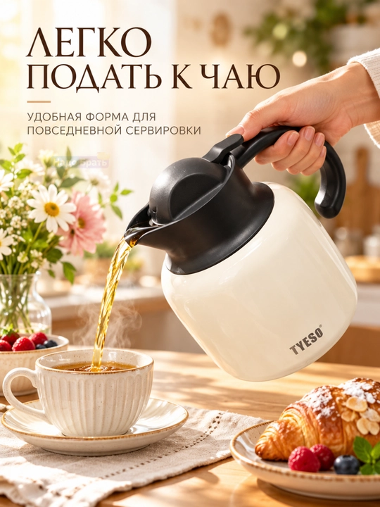 TYESO vakuumli termoko‘za, choy va qahva uchun, dastakli va qopqoqli