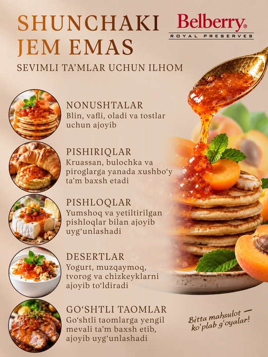 Belberry o‘rik jem, 215 g, belgiya