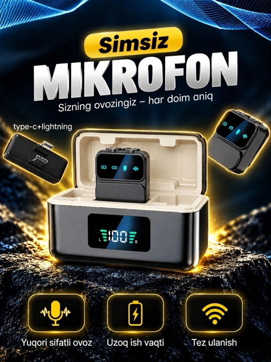 Blogerlar uchun Lavaliere mikrofon Type-C/Lightning simsiz, petlichka, mikrofon, petlichka