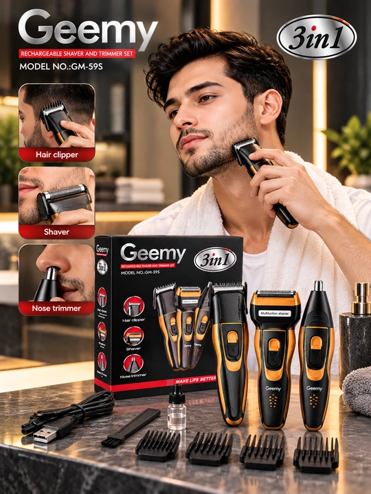 Geemy GM-59S, 3x1 trimmer, soch olish mashinasi, elektr ustara, burun trimmeri