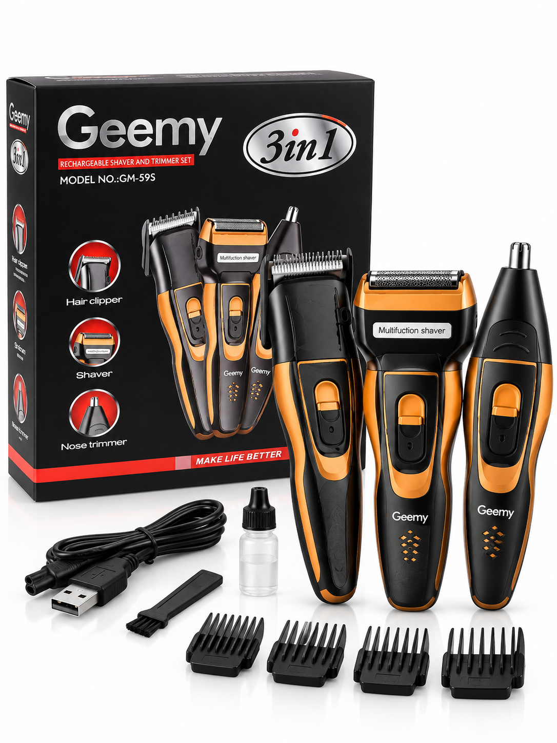Geemy GM-59S, 3x1 trimmer, soch olish mashinasi, elektr ustara, burun trimmeri - 