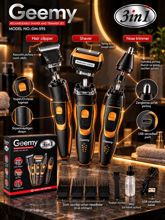 Geemy GM-59S, 3x1 trimmer, soch olish mashinasi, elektr ustara, burun trimmeri