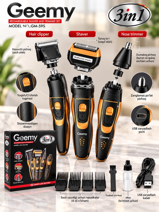 Geemy GM-59S, 3x1 trimmer, soch olish mashinasi, elektr ustara, burun trimmeri