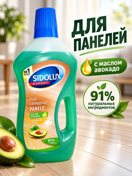 Laminat va pol panellari uchun Sidolux Expert avokado yog‘li tozalash vositasi, 750 ml - 