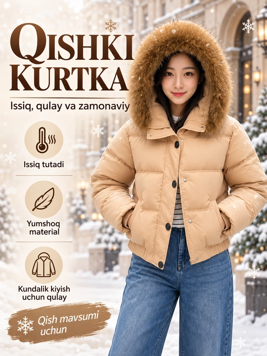 Женская зимняя укороченная куртка, с меховым капюшоном - 