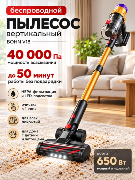 Беспроводной пылесос BOHN V18, 650 Вт, 40000 Па, сухая уборка - 