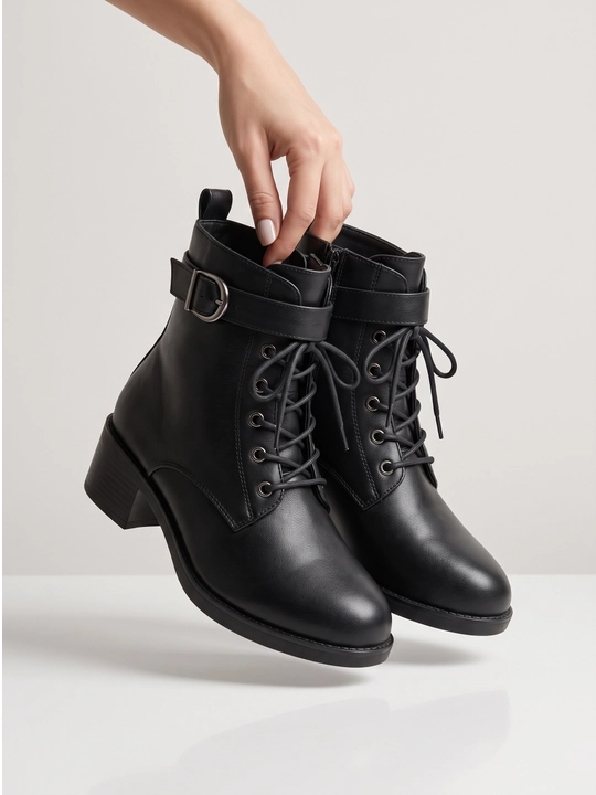 Женские современные кожаные ботинки — модель с декоративными пряжками