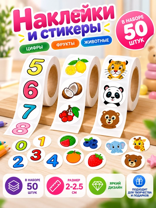 Наклейки, Стикеры, фрукты, цифры, домашние животные, дикие животные, для детей, для школы