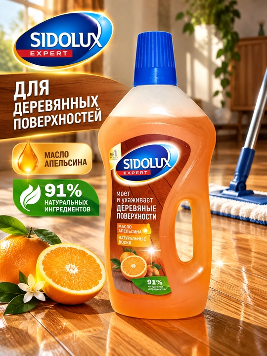 Sidolux Expert yog‘och pol va parket yuvish vositasi, apelsin aromati, 750 ml - 