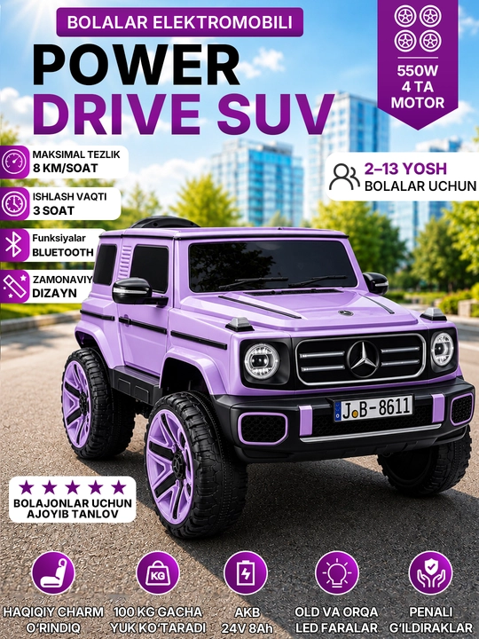 12V 4x390 kuchlanishli, to‘liq uzatmali, APP+pultli, EVA g‘ildirakli bolalar elektromobili - 