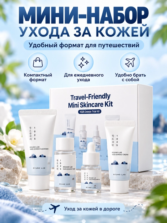 Набор для ухода за лицом Round Lab — увлажняющий и успокаивающий уход, мини-формат - 