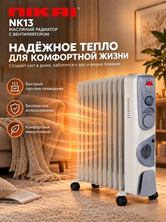 Масляный радиатор NIKAI NK13, 13 секций, 2900 Вт, вентилятор 400 Вт, термостат - 