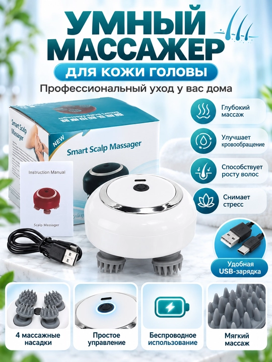 Электрический массажер для кожи головы, 4 массажные насадки - 