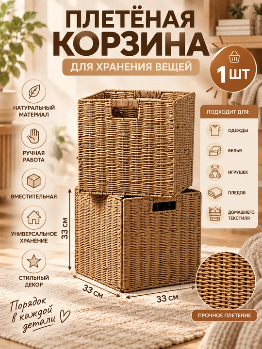 Корзина плетёная для хранения, складная 30х30х30, 33х33х33 см бежевая, металлический каркас - 