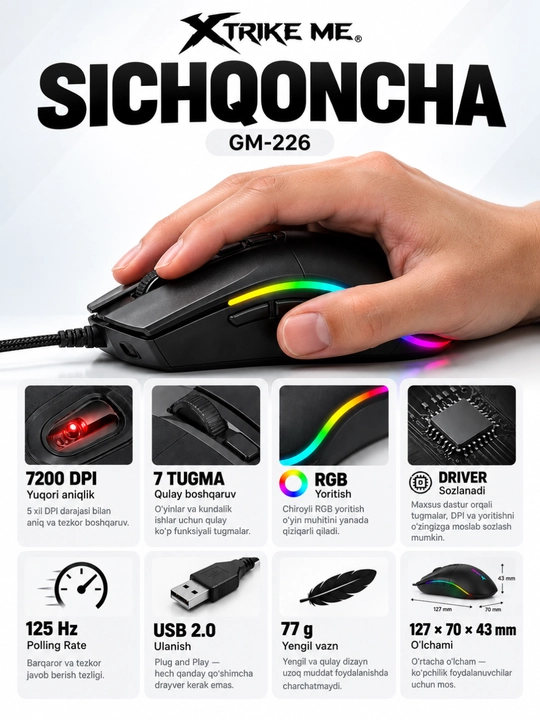 Mышка, игровые мышь RGB XTRIKE ME с чувствительностью от 1200 до 12800 DPI и точный прицел