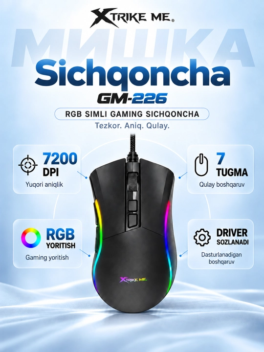 Mышка, игровые мышь RGB XTRIKE ME с чувствительностью от 1200 до 12800 DPI и точный прицел