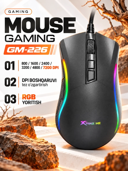Sichqoncha, mishka XTRIKE ME, o'yin, Gaming RGB, 1.200 dan 12.800 gacha DPI va Aniq nishon - 