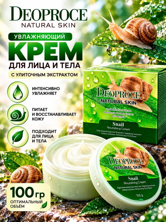 DEOPROCE NATURAL SKIN SNAIL Yuz va tana uchun shilliqqurt ekstraktili krem, 100 g - 