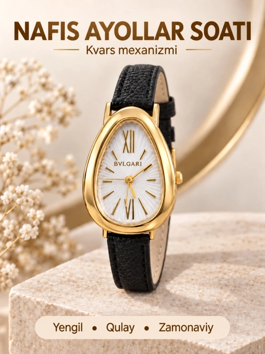 Ayollar,qizlar soati, qo‘l soati, kvars mexanizmli, BVLGARI, charm tasmali - 