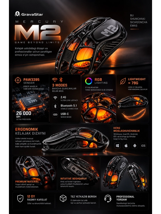 Игровая мышь GravaStar Mercury M2, PAW3395, 26000 DPI, Bluetooth/2.4G/USB, RGB