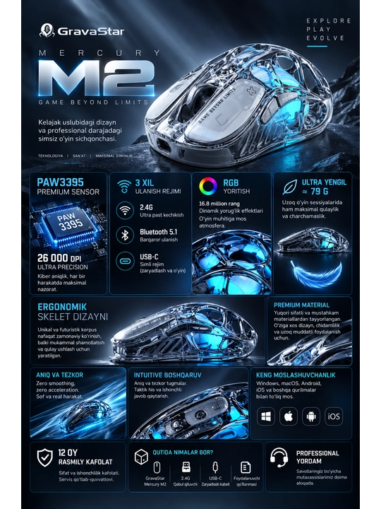 Игровая мышь GravaStar Mercury M2, PAW3395, 26000 DPI, Bluetooth/2.4G/USB, RGB