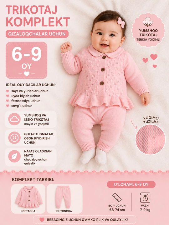 Вязаный комплект для малыша 3 предмета, кофта брюки шапочка, 6–9 месяцев