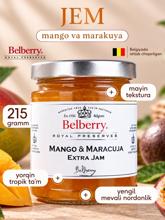 Belberry mango va marakuya jem 215 g belgiya