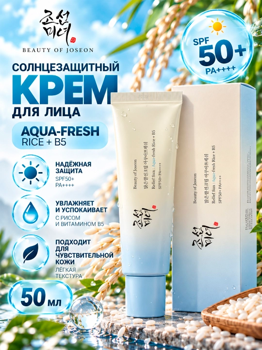 BEAUTY OF JOSEON Ta'sirchan teri uchun quyosh kremi Aqua-Fresh Rice + B5 SPF50+ PA++++ - 