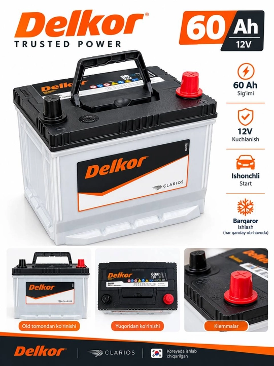 Delkor 60 Ah 12V avtomobil akkumulyatori — Koreya ishlab chiqarishi