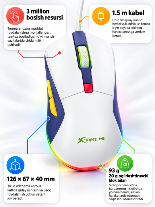 Mышка, игровые мышь RGB XTRIKE ME с чувствительностью от 1200 до 12800 DPI и точный прицел