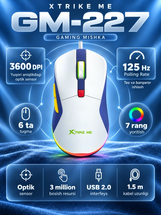 Mышка, игровые мышь RGB XTRIKE ME с чувствительностью от 1200 до 12800 DPI и точный прицел