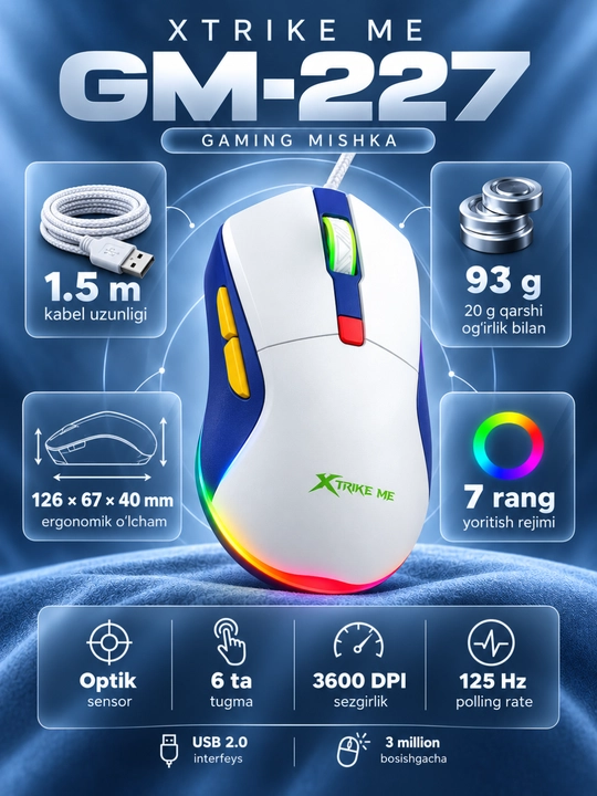 Mышка, игровые мышь RGB XTRIKE ME с чувствительностью от 1200 до 12800 DPI и точный прицел