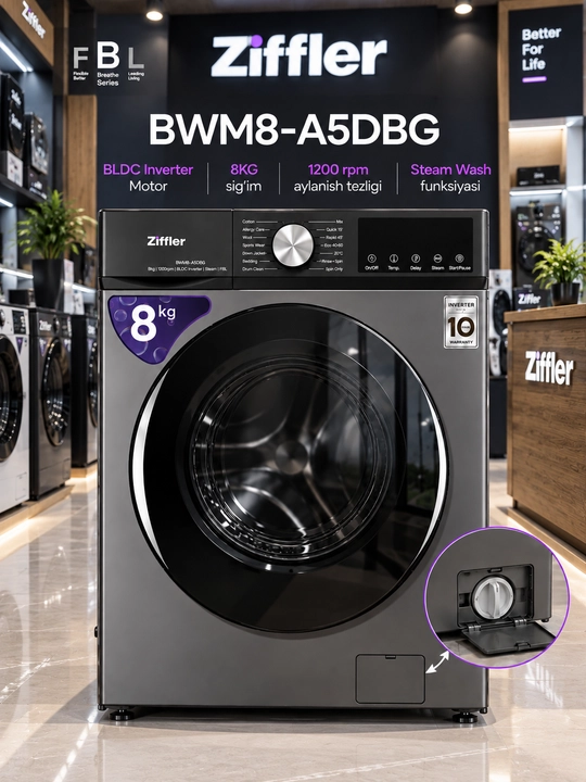 Ziffler BWM8-A5DBG — 8 kg sig‘imli, zamonaviy frontal avtomatik kir yuvish mashinasi - 