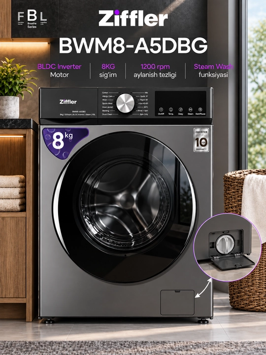 Ziffler BWM8-A5DBG — 8 kg sig‘imli, zamonaviy frontal avtomatik kir yuvish mashinasi