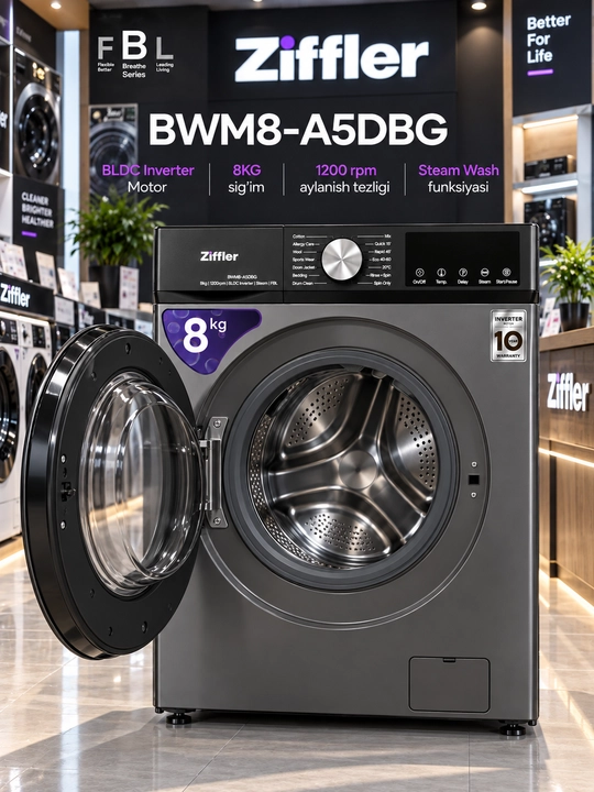 Ziffler BWM8-A5DBG — 8 kg sig‘imli, zamonaviy frontal avtomatik kir yuvish mashinasi