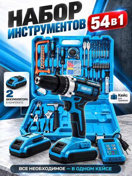 Makita Аккумуляторная Дрель-Шуруповёрт, 12В, Наборы 24 и 54 Предмета, 2 Аккумулятора - 