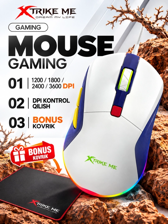 Sichqoncha, mishka XTRIKE ME, o'yin, Gaming RGB, 1.200 dan 12.800 gacha DPI va Aniq nishon - 