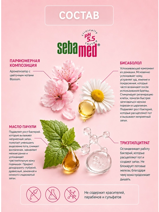 Sebamed Fresh Deo Blossom rolikli dezodoranti nozik teri uchun, alyuminiysiz, 48 soat