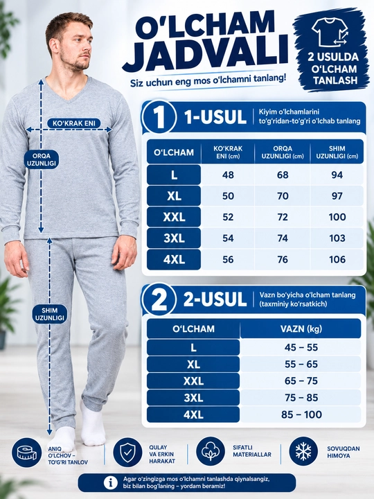Erkaklar uchun termo kiyim to‘plami nachosli, issiqlik, qulaylik, sifat