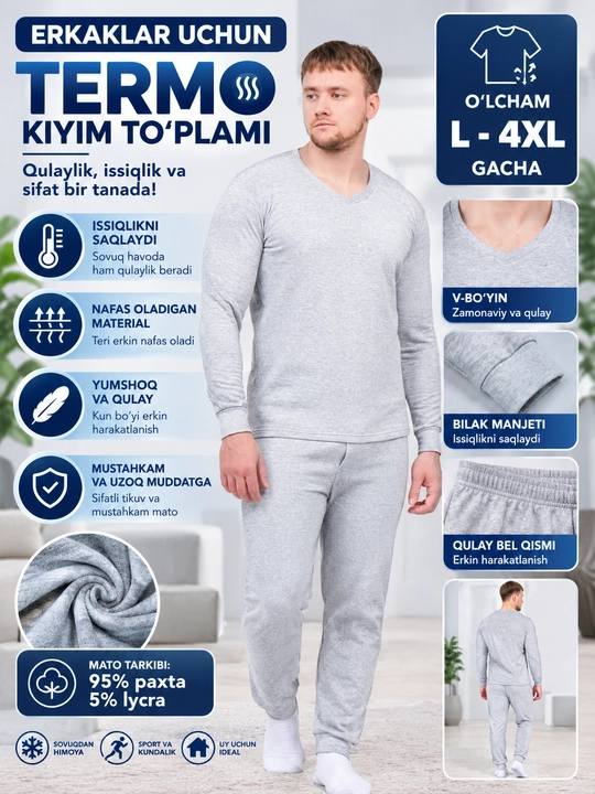 Erkaklar uchun termo kiyim to‘plami nachosli, issiqlik, qulaylik, sifat
