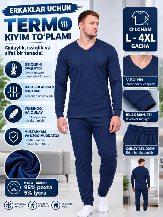 Erkaklar uchun termo kiyim to‘plami nachosli, issiqlik, qulaylik, sifat - 