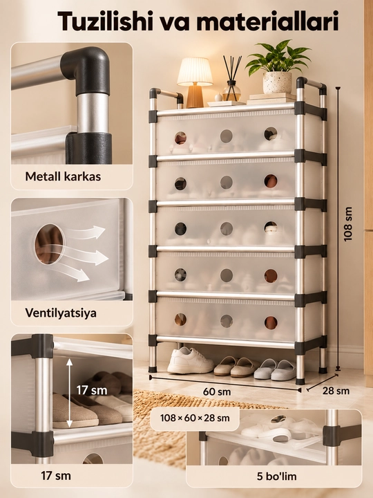 Ko‘p qavatli yopiq poyabzal javoni, 5 bo‘limli, 108×60×28 sm