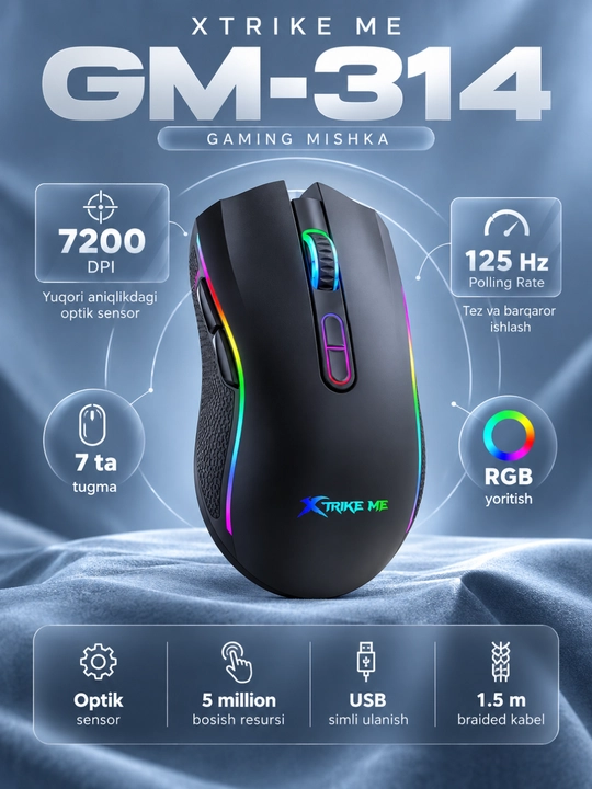Mышка, игровые мышь RGB XTRIKE ME с чувствительностью от 1200 до 12800 DPI и точный прицел