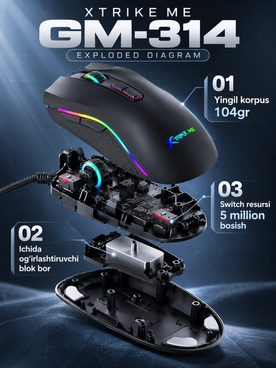 Mышка, игровые мышь RGB XTRIKE ME с чувствительностью от 1200 до 12800 DPI и точный прицел