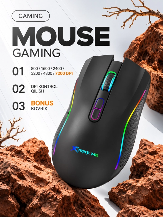 Sichqoncha, mishka XTRIKE ME, o'yin, Gaming RGB, 1.200 dan 12.800 gacha DPI va Aniq nishon - 