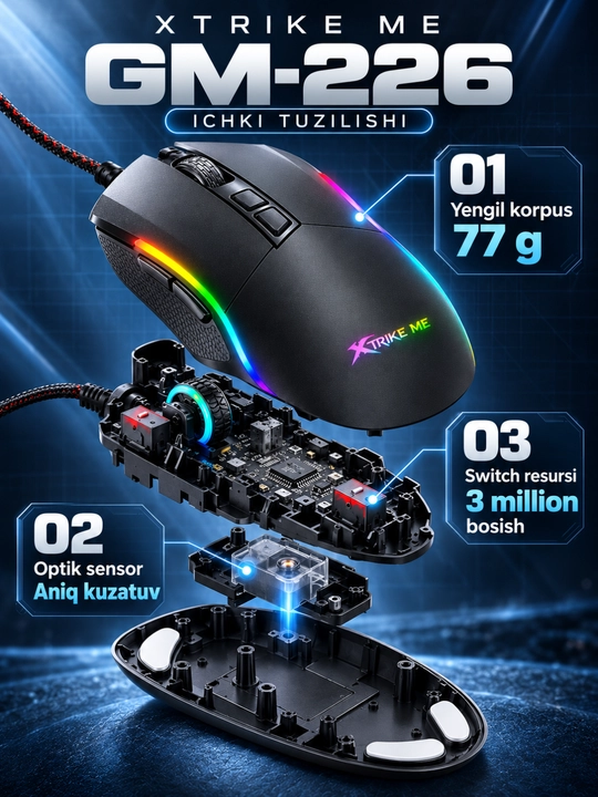 Mышка, игровые мышь RGB XTRIKE ME с чувствительностью от 1200 до 12800 DPI и точный прицел